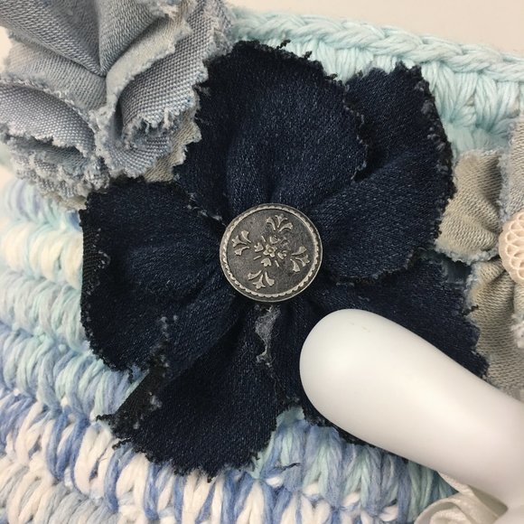 Blue Yarn Rope Bowl‎ Handle Flowers Button Handmade - Picture 7 of 9